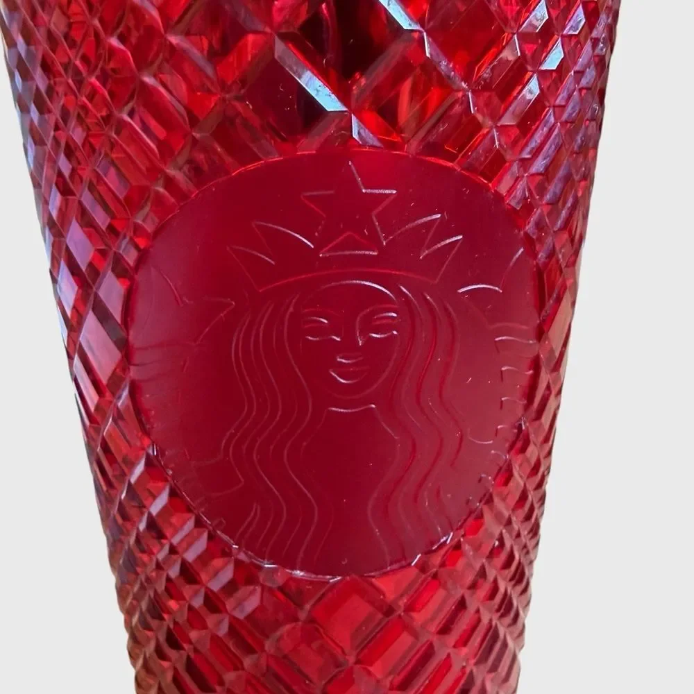 Starbucks 2021 Red Jeweled Holiday Tumbler Grid Textured Lid Straw Venti 24oz